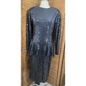 Vintage 80s Para Peplum Black Sequin Cocktail Dress New Year's Eve  Sz 8